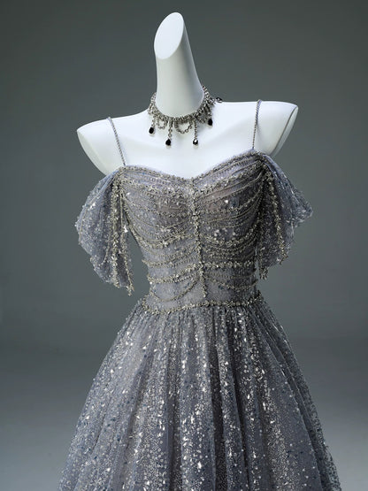 Sparkly Ball Gown Off The Shoulder Silver Gray Sequin Long 15 Quinceanera Dresses Photo Ideas Formal Outfit RB5526