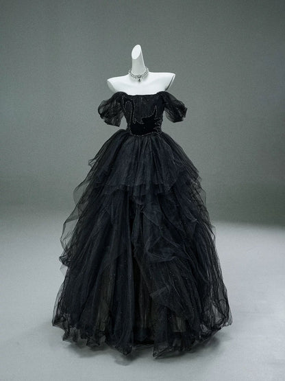 Princess Style Ball Gown Off The Shoulder Black Tulle Long 15 Quinceanera Dresses Photo Ideas Formal Outfit RB5525
