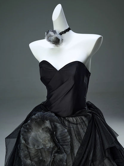 Beautiful Ball Gown Sweetheart Tulle Black With Flower Long Quinceanera Dresses Sweet 15 Dress Formal Outfits RB5524