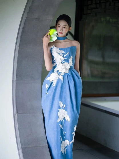 Modest Sheath Strapless Blue Satin Mid Length 18th Birthday Elegant Outfit Formal Prom Dresses N4116