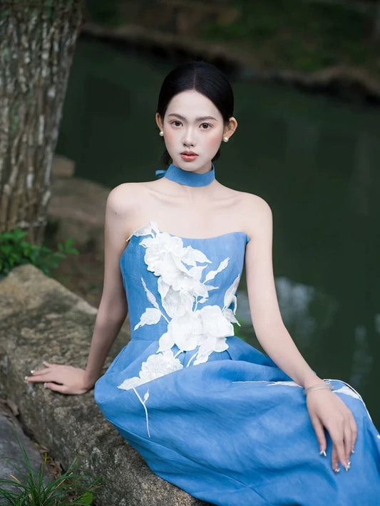 Modest Sheath Strapless Blue Satin Mid Length 18th Birthday Elegant Outfit Formal Prom Dresses N4116