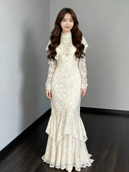 Vintage Wedding Dresses Mermaid High Neck With Sleeves Long Summer Garden Wedding Dress N4117