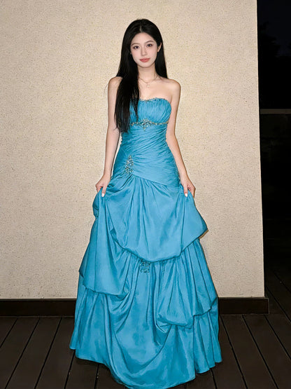 Modest Ball Gown Strapless Blue Satin Birthday Elegant Outfit Formal Prom Dresses N4118