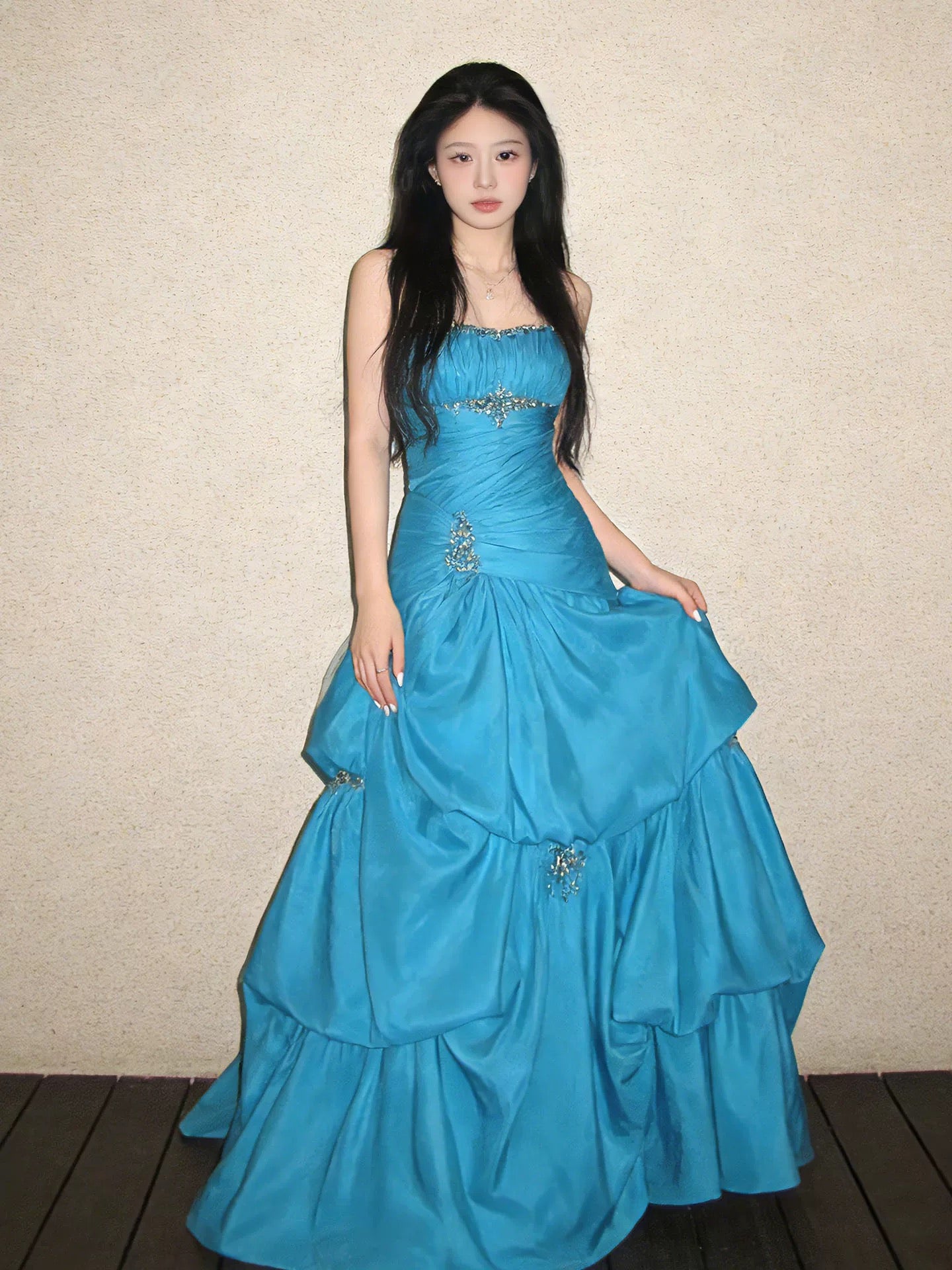Modest Ball Gown Strapless Blue Satin Birthday Elegant Outfit Formal Prom Dresses N4118