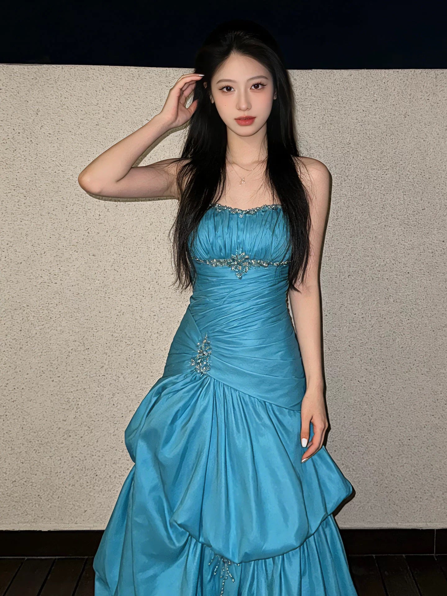 Modest Ball Gown Strapless Blue Satin Birthday Elegant Outfit Formal Prom Dresses N4118