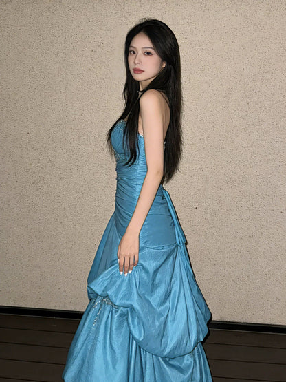 Modest Ball Gown Strapless Blue Satin Birthday Elegant Outfit Formal Prom Dresses N4118