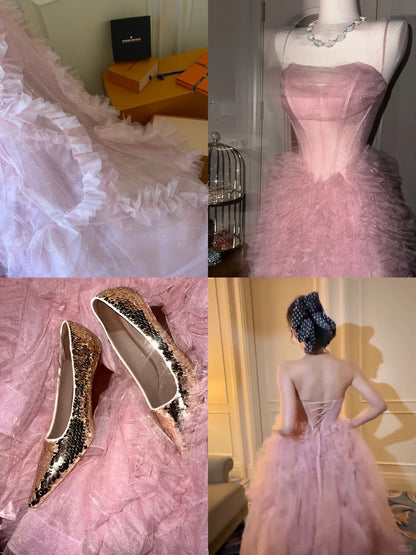 Romantic Ball Gown Spaghetti Straps Pink Tulle With Ruffled High School Dances Prom Dresses 8th Grade Formal Outfits Evening Gown RB8424