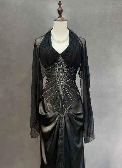 Glamour Prom Dresses Mermaid Halter Black Tie With Silver Beading Formal Evening Outfits N3840