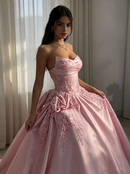Elegant Ball Gown Strapless Pink Satin With Flowers Perfection-Formal Goals Nigh Evening Long Prom Dress Party Outfits RB6758