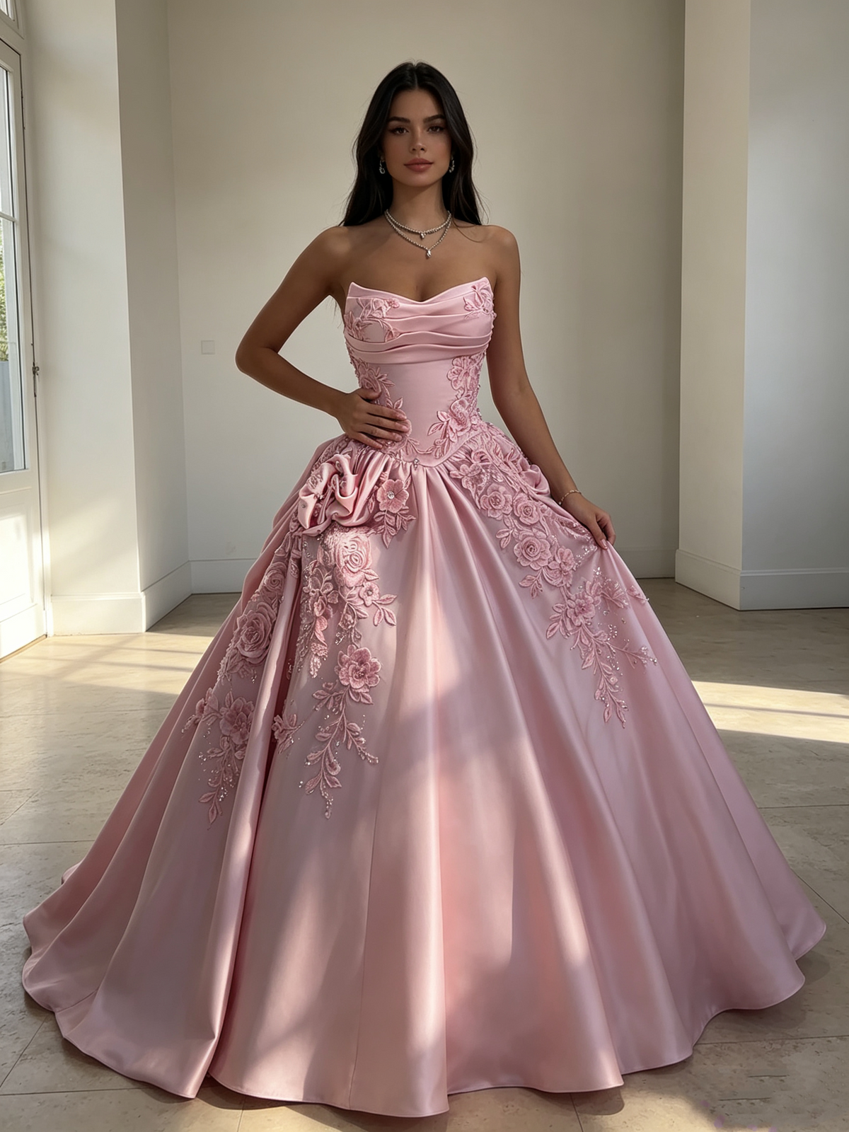 Elegant Ball Gown Strapless Pink Satin With Flowers Perfection-Formal Goals Nigh Evening Long Prom Dress Party Outfits RB6758