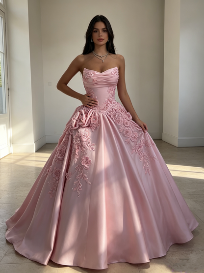 Elegant Ball Gown Strapless Pink Satin With Flowers Perfection-Formal Goals Nigh Evening Long Prom Dress Party Outfits RB6758