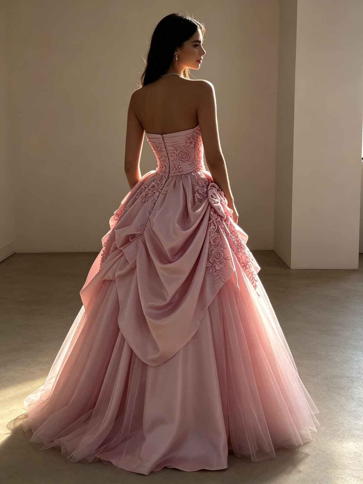 Elegant Ball Gown Strapless Pink Satin With Flowers Perfection-Formal Goals Nigh Evening Long Prom Dress Party Outfits RB6758