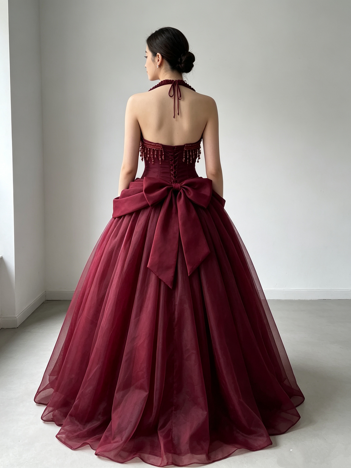 Dreamy Ball Gown Halter Sleeveless Sweep Train Taffeta Burgundy Long Prom Dress Evening Party Formal Outfits RB6690