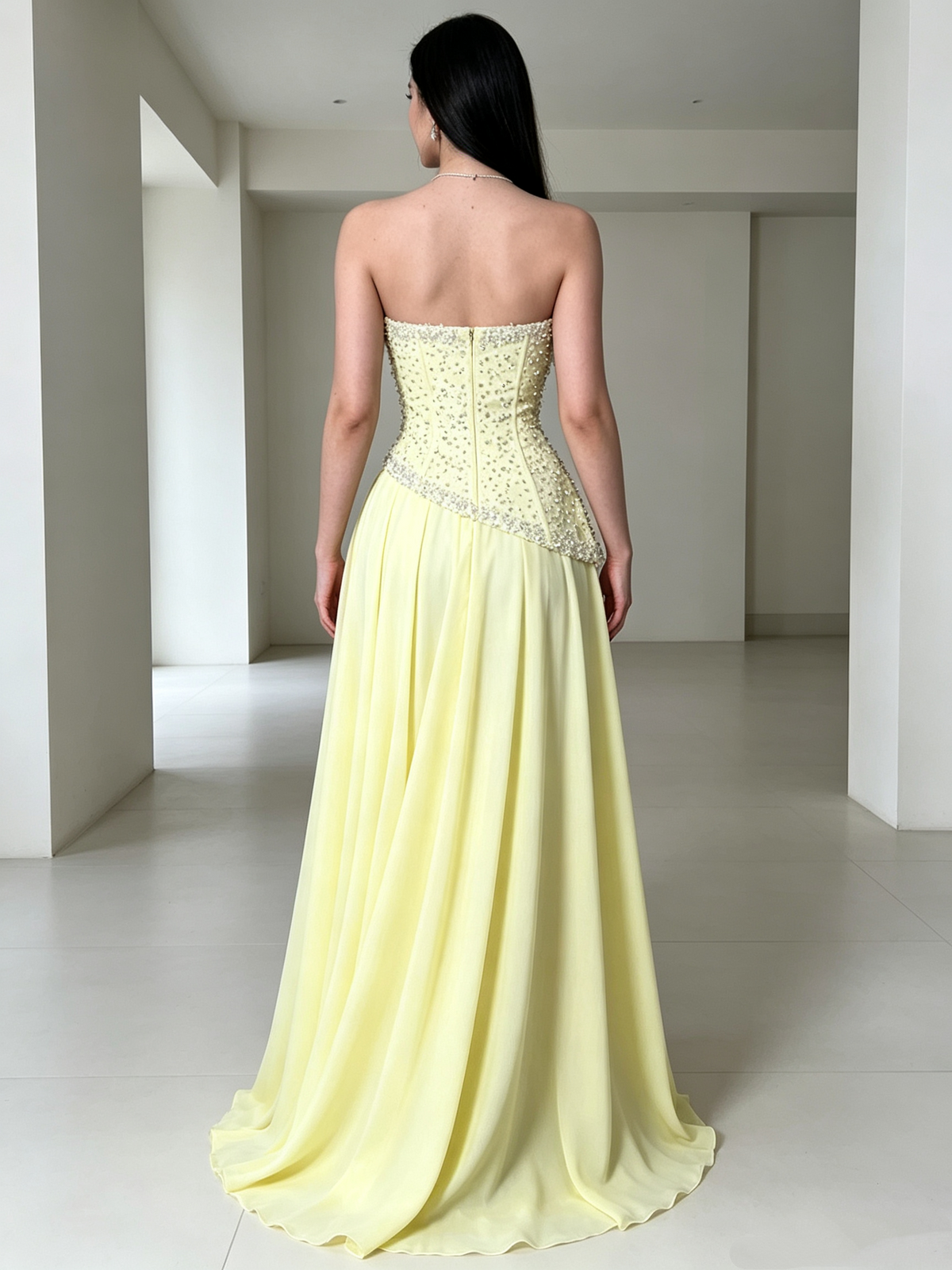 Dreamy A Line Strapless Yellow Chiffon Perfection-Formal Goals With Beading Long Prom Dress Evening Party Formal Outfits RB6698