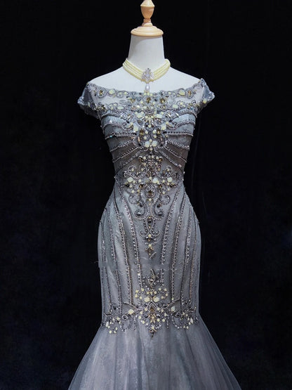 Trendy Prom Dresses Inspiration Mermaid Scoop Grey Blue Gala Tulle With Beading Formal Gowns N3195