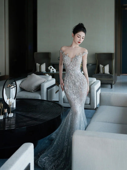 Sparkly Mermaid Wedding Dresses Off The Shoulder Sequins Silver Gray Long Brides Dress Fitted Bridal Gown N1266