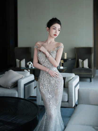 Sparkly Mermaid Wedding Dresses Off The Shoulder Sequins Silver Gray Long Brides Dress Fitted Bridal Gown N1266