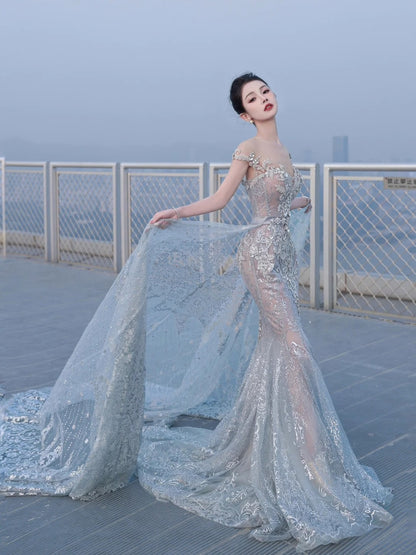 Sparkly Mermaid Wedding Dresses Off The Shoulder Sequins Silver Gray Long Brides Dress Fitted Bridal Gown N1266
