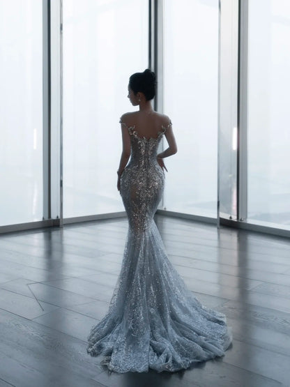 Sparkly Mermaid Wedding Dresses Off The Shoulder Sequins Silver Gray Long Brides Dress Fitted Bridal Gown N1266
