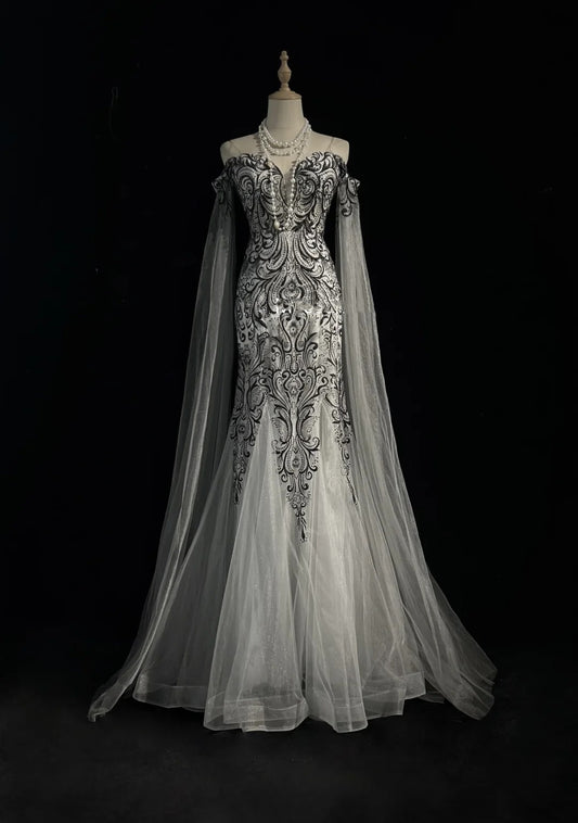 Vintage Prom Dresses 80s Mermaid Off The Shoulder Silver Grey Tulle With Long Sleeves Floor Length Formal Outfits RB4334