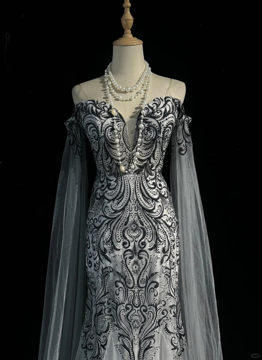 Vintage Prom Dresses 80s Mermaid Off The Shoulder Silver Grey Tulle With Long Sleeves Floor Length Formal Outfits RB4334