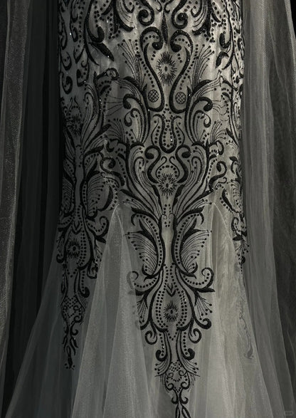 Vintage Prom Dresses 80s Mermaid Off The Shoulder Silver Grey Tulle With Long Sleeves Floor Length Formal Outfits RB4334