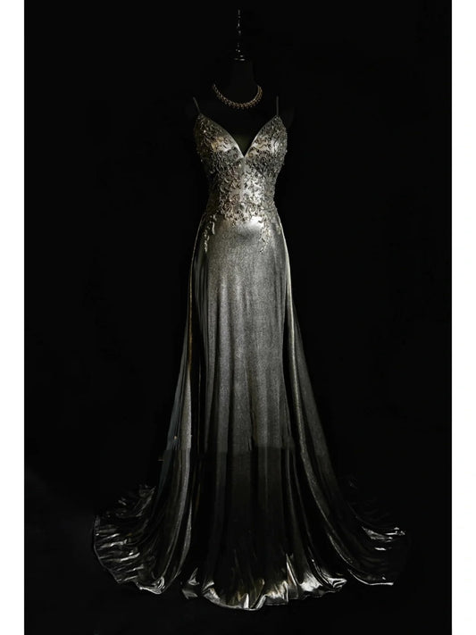 Modest Prom Dresses Mermaid Spaghetti Strap Dark Grey Sleeveless Long Formal Evening Outfits N3628
