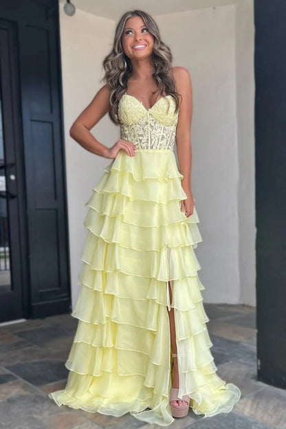 A line Sweetheart Pale Yellow Chiffon Flowy Ruffle Long Formal Gowns Prom Dresses Evening Dress AB711