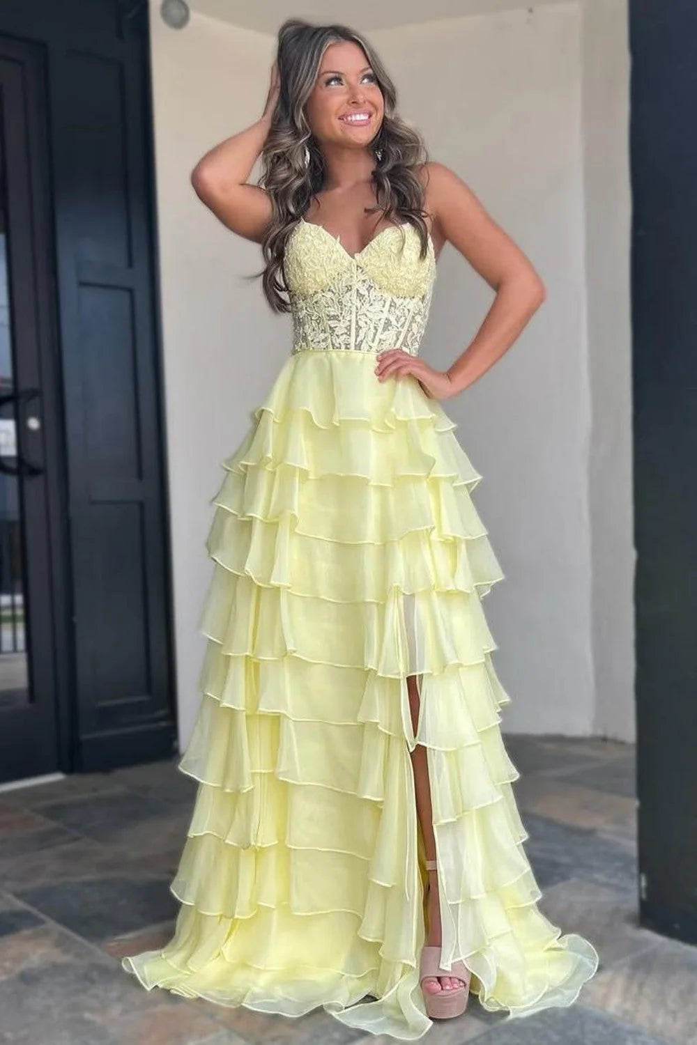 A line Sweetheart Pale Yellow Chiffon Flowy Ruffle Long Formal Gowns Prom Dresses Evening Dress AB711
