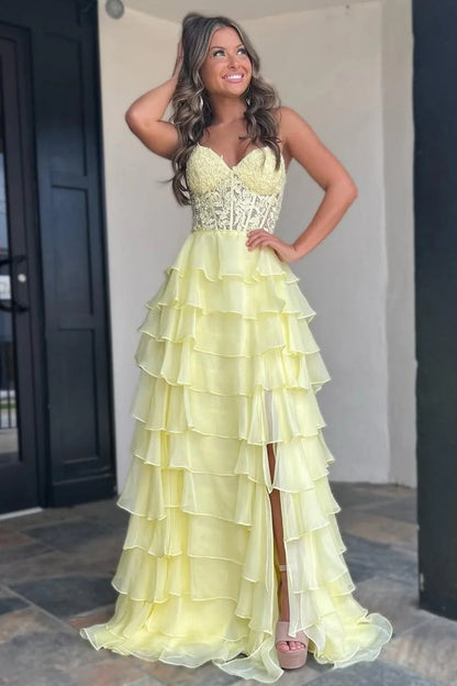 A line Sweetheart Pale Yellow Chiffon Flowy Ruffle Long Formal Gowns Prom Dresses Evening Dress AB711