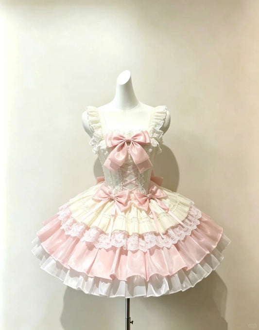 Elegant Ball Gown Square Neck Pink Satin With Bow Lolita Dress Homecoming Dresses Cocktail Hoco Outfit RB4675