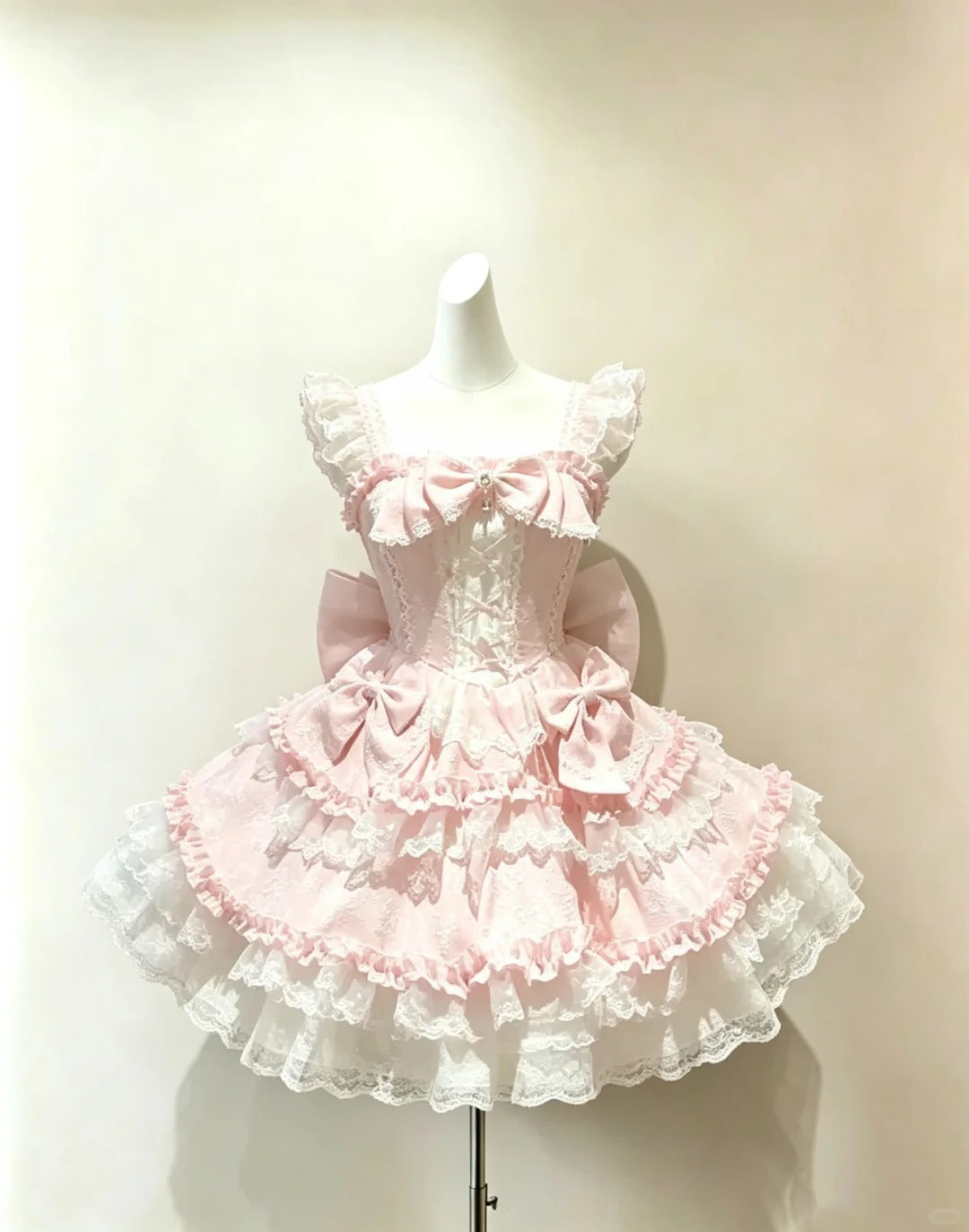 Sweet Ball Gown Square Neck Pink White Lace With Bow Lolita Dress Homecoming Dresses Cocktail Hoco Outfit RB4678