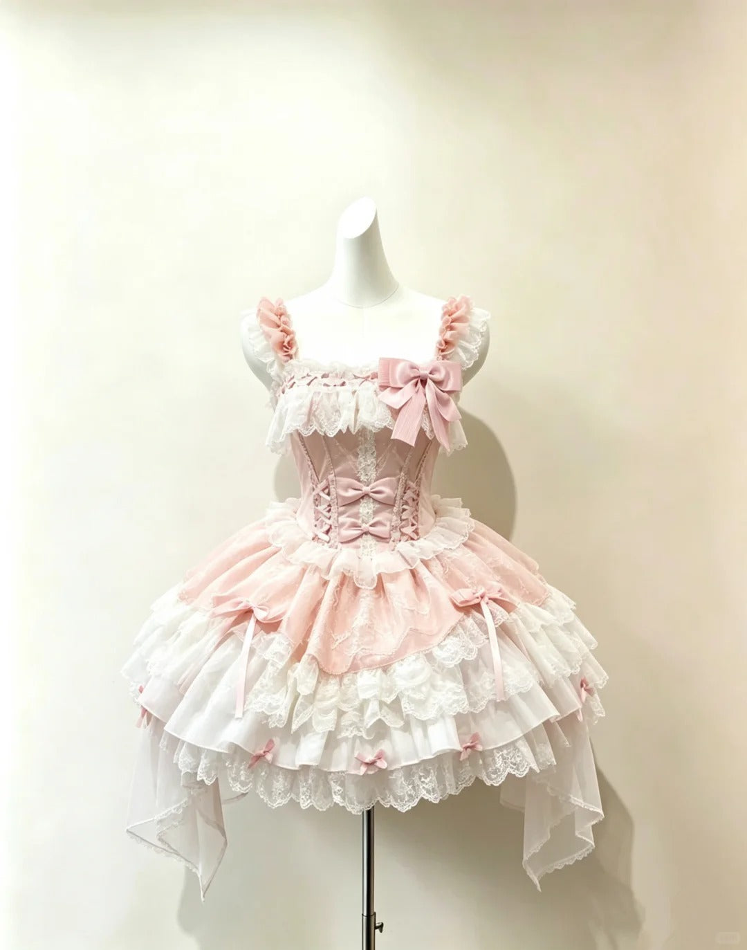 Sweet Ball Gown Square Neck Pink White Lace With Bow Lolita Dress Homecoming Dresses Cocktail Hoco Outfits RB4679