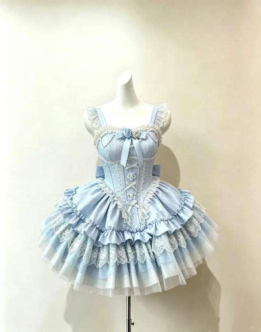 Sweet Ball Gown Square Neck Baby Blue Lace With Flowers Lolita Dress Homecoming Dresses Cocktail Hoco Outfits RB4681