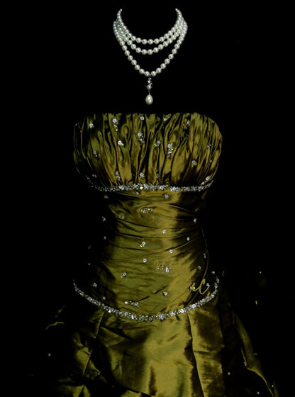 Vintage Ball Gown Strapless Olive Green 1980s With Beads College Formal Outfit Prom Graduation Dresses For Teens N1321