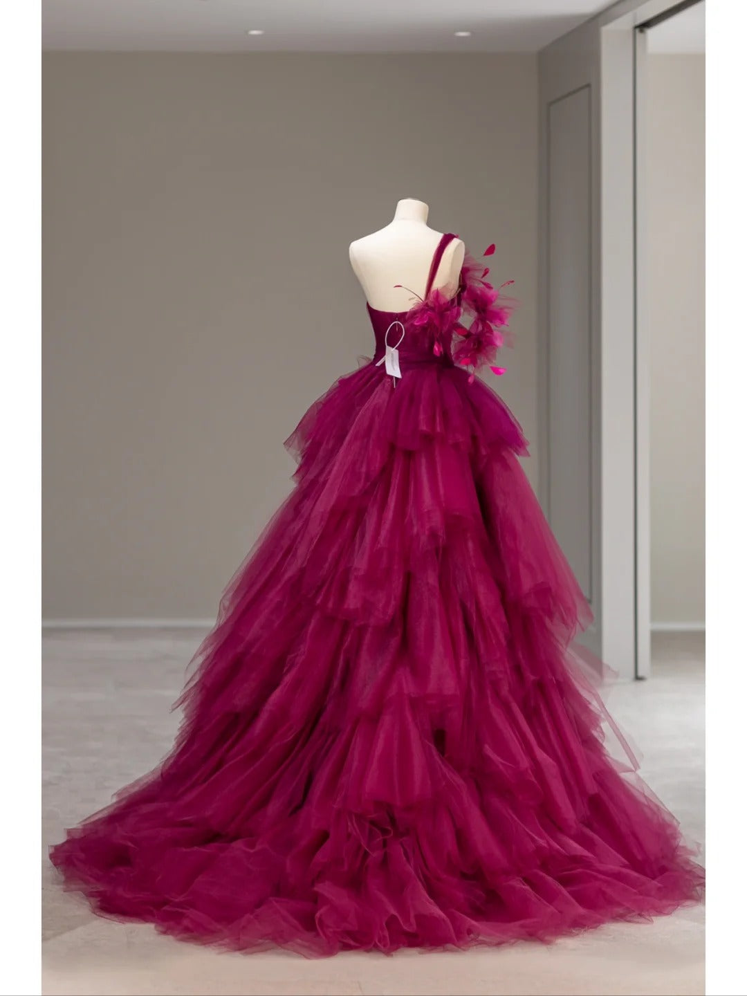 Princess Prom Dresses Ball Gown One Shoulder Fuchsia Pink Tulle Sweet 16 Evening Long Formal Dress RB4013