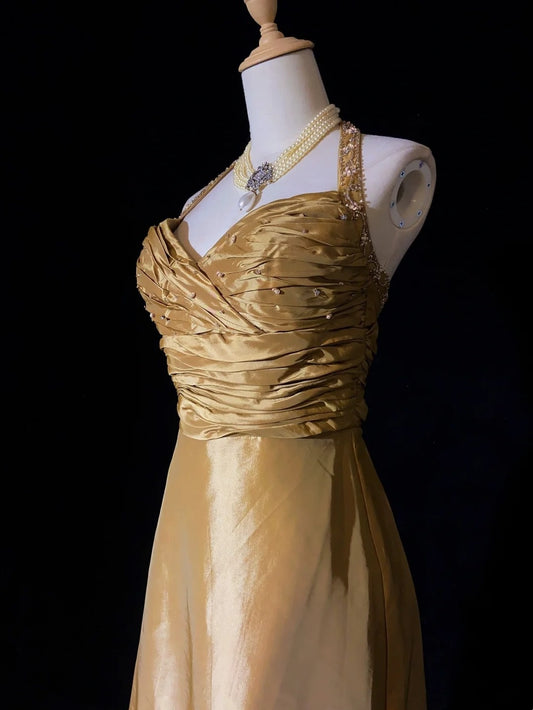 Beautiful Prom Dresses Inspo A Line Halter Gold Satin With Beaded Long Women Formal Dress N3196