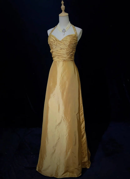 Beautiful Prom Dresses Inspo A Line Halter Gold Satin With Beaded Long Women Formal Dress N3196