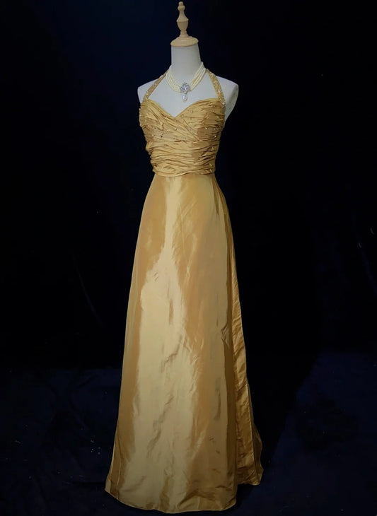 Beautiful Prom Dresses Inspo A Line Halter Gold Satin With Beaded Long Women Formal Dress N3196