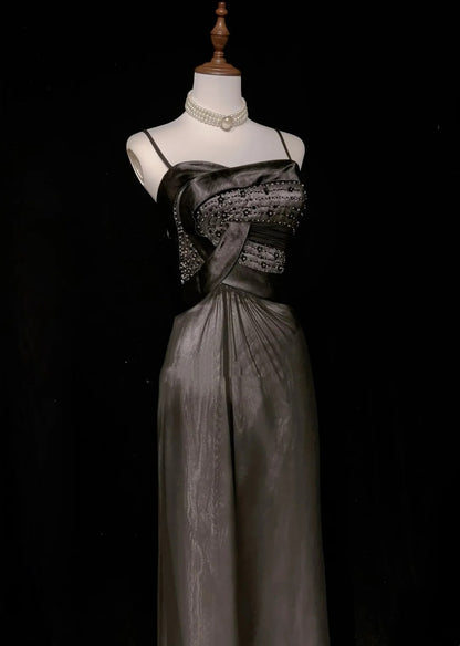 Vintage Prom Dresses Aesthetic 1950s Retro A Line Spaghgetti Strap Grey Long Party Dress N2321