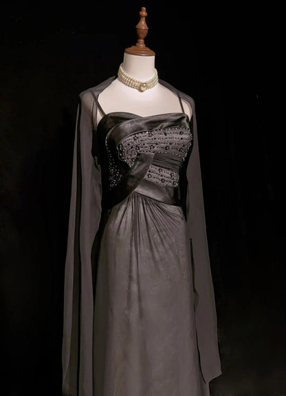 Vintage Prom Dresses Aesthetic 1950s Retro A Line Spaghgetti Strap Grey Long Party Dress N2321