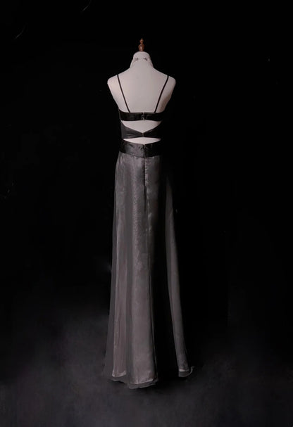 Vintage Prom Dresses Aesthetic 1950s Retro A Line Spaghgetti Strap Grey Long Party Dress N2321