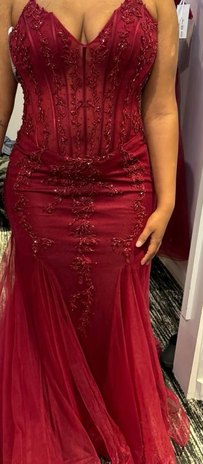 Modest Mermaid Spaghetti Straps Burgundy Lace Tulle Prom Dresses Inspiration Prom Dress Princess Graduation Dress B356