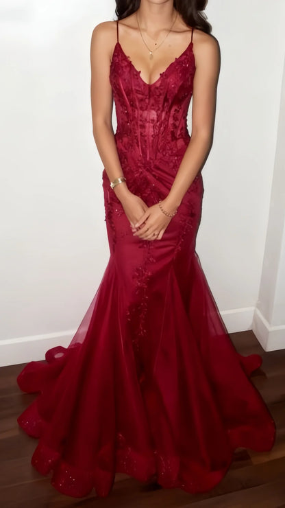 Mermaid V Neck Tulle Burgundy Prom Dress With Lace Formal Evening Dresses AB543