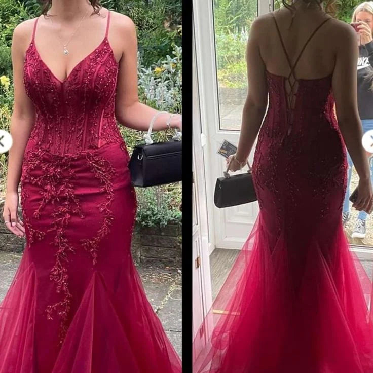 Mermaid V Neck Tulle Burgundy Prom Dress With Lace Formal Evening Dresses AB543