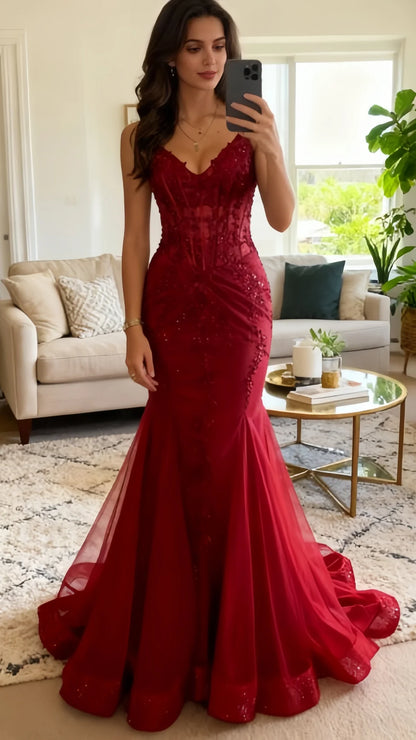 Mermaid V Neck Tulle Burgundy Prom Dress With Lace Formal Evening Dresses AB543