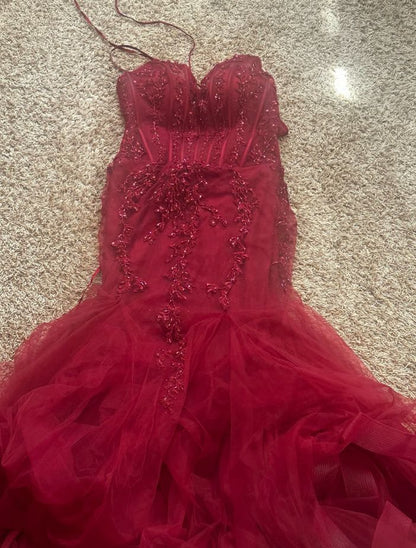 Mermaid V Neck Tulle Burgundy Prom Dress With Lace Formal Evening Dresses AB543
