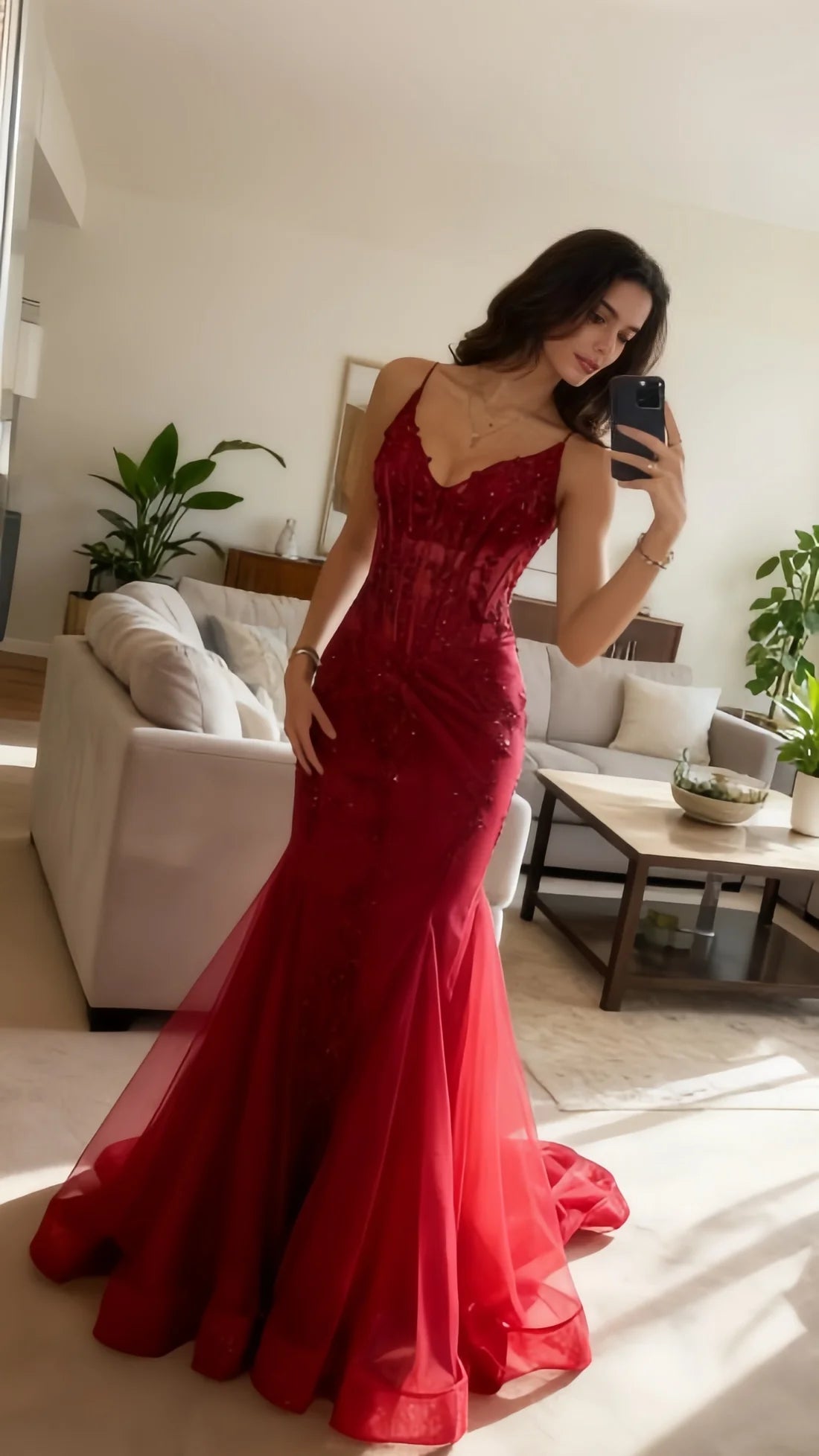 Mermaid V Neck Tulle Burgundy Prom Dress With Lace Formal Evening Dresses AB543