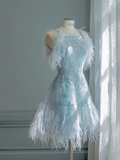 Beautiful Ball Gowns Scoop Blue Short With Feathers Graduation High School Party Homecoming Dresses N4471