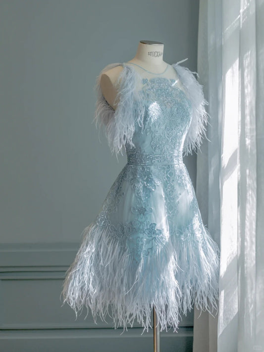 Beautiful Ball Gowns Scoop Blue Short With Feathers Graduation High School Party Homecoming Dresses N4471